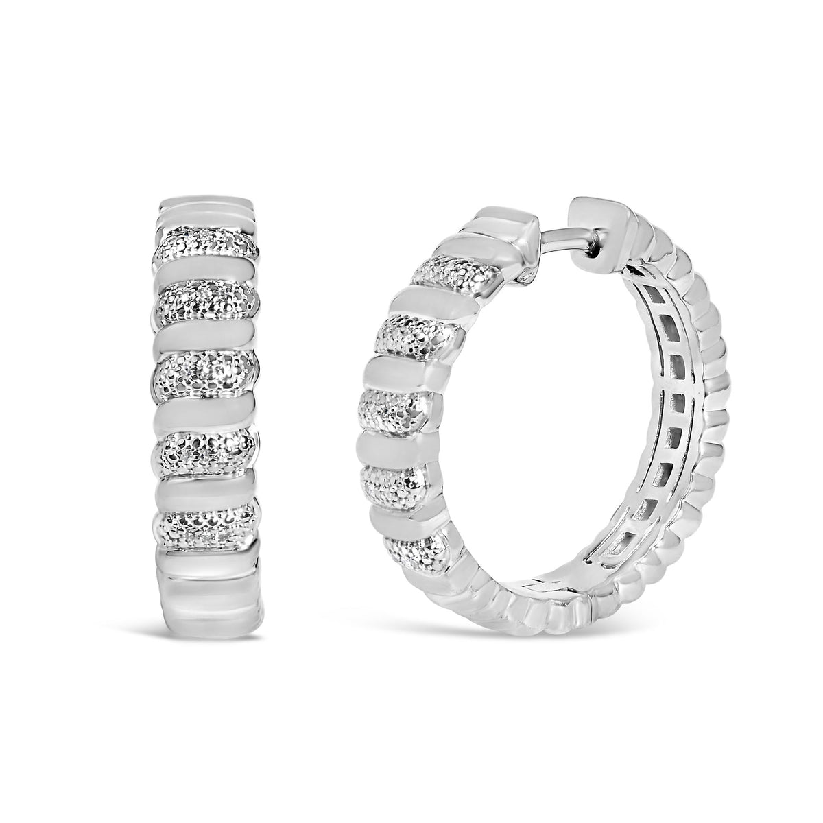 Sterling Silver 1/10 Cttw Round Diamond Pavé Ribbed Hoop Earrings