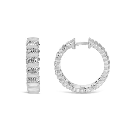 Sterling Silver 1/10 Cttw Round Diamond Pavé Ribbed Hoop Earrings