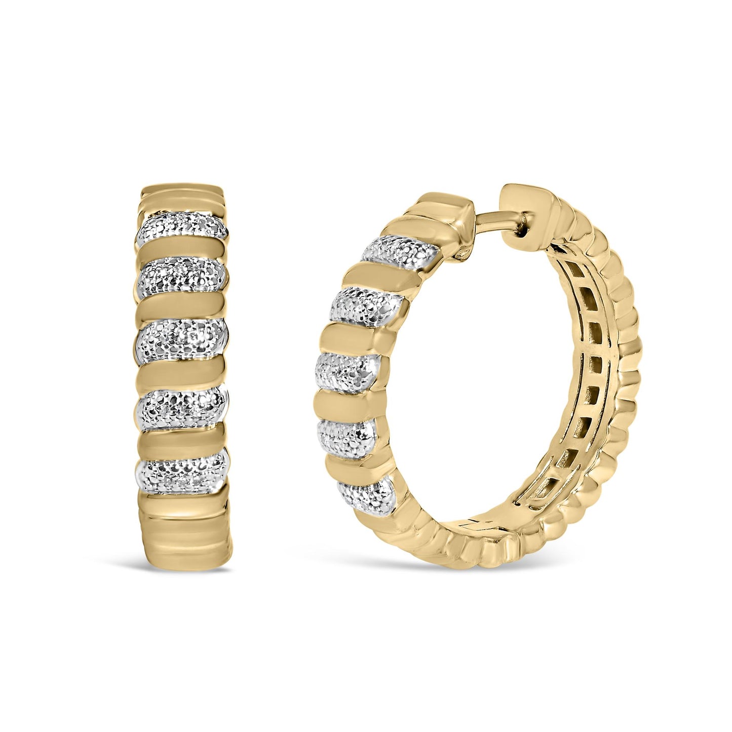 Front and side view of gold vermeil hoop earrings with ribbed gold bands alternating with pave-set white diamonds