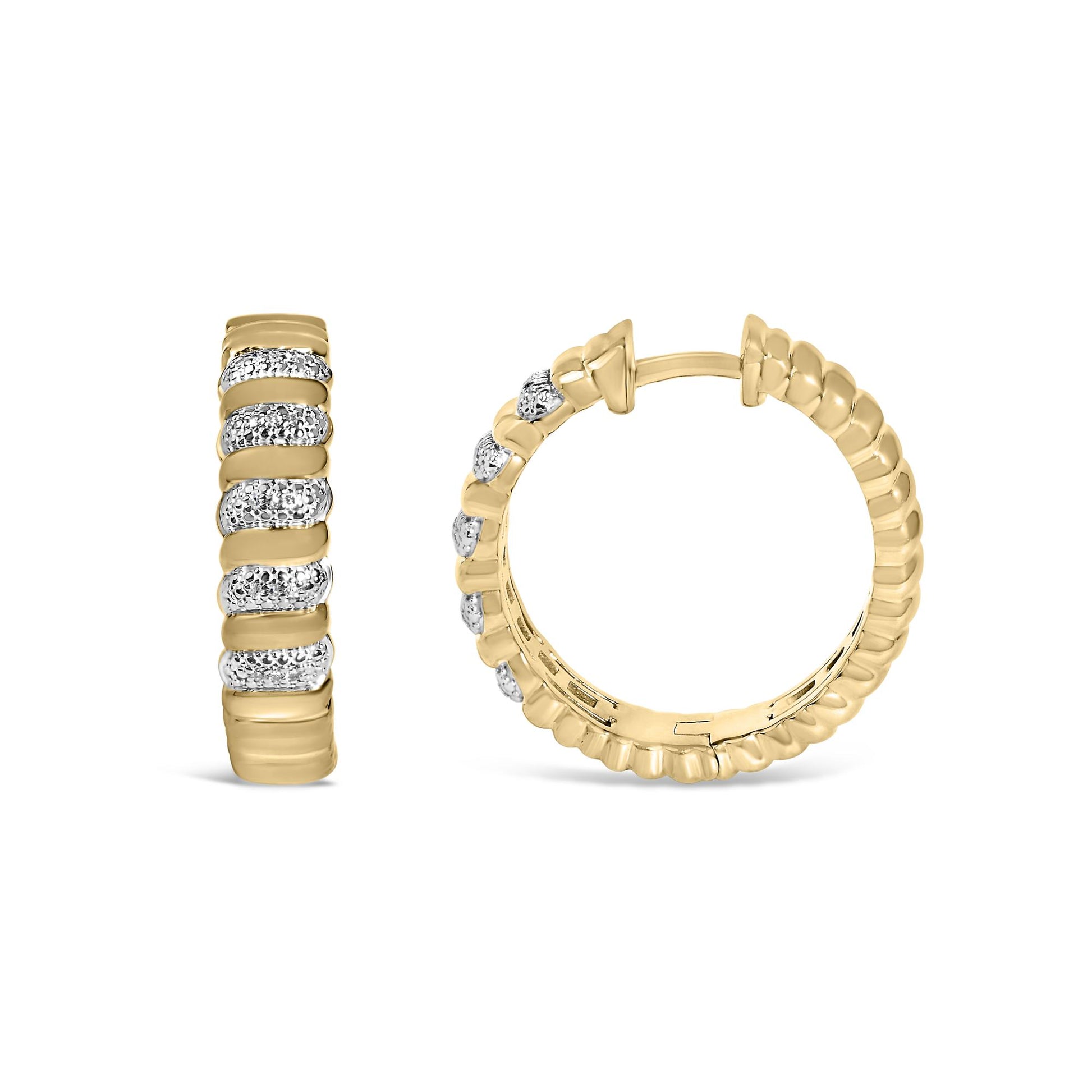 Close-up front and side angled view of yellow hoop earrings with alternating panels of round white gemstones in pave setting and smooth metal segments.
