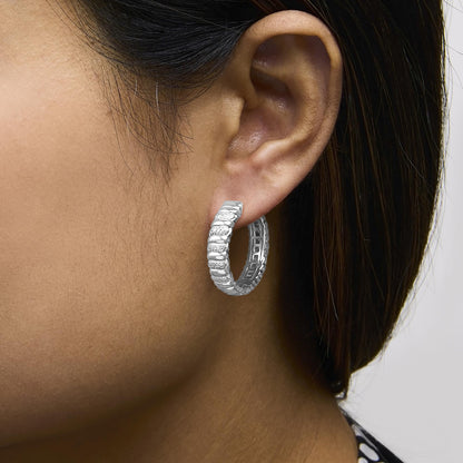 Sterling Silver 1/10 Cttw Round Diamond Pavé Ribbed Hoop Earrings
