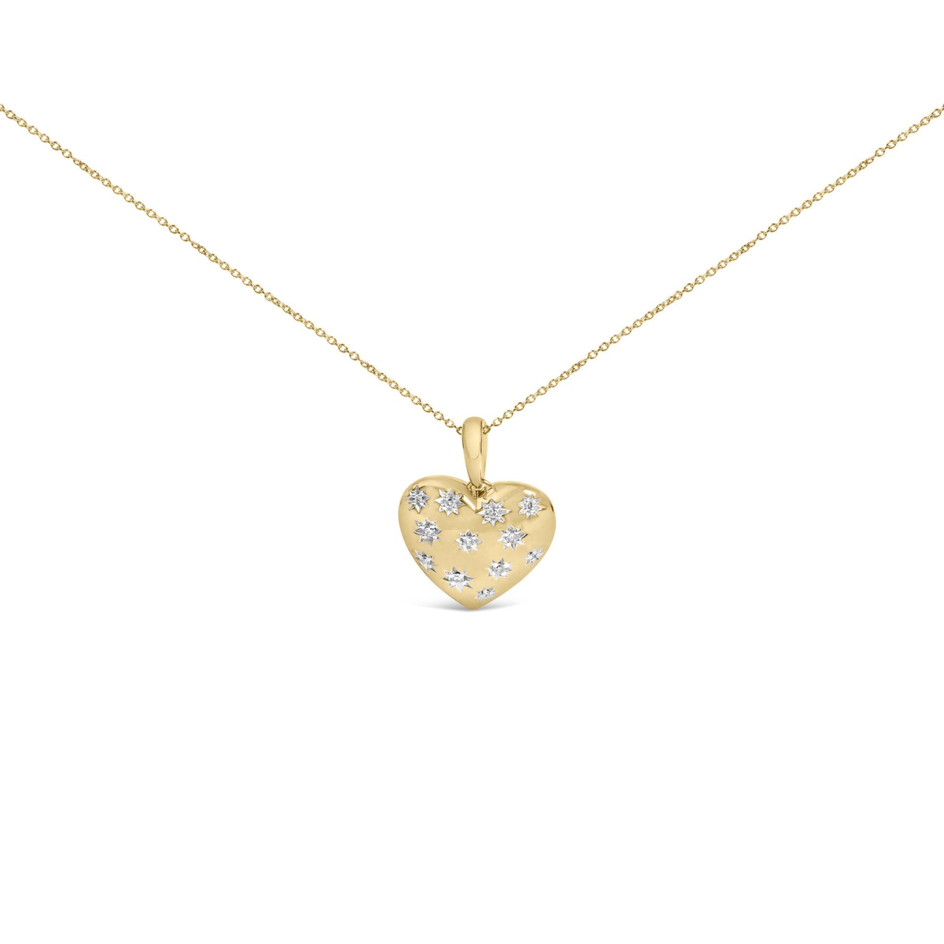 Front close-up of gold vermeil 1/10 cttw diamond heart pendant necklace showing scattered round diamonds on white background