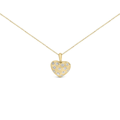 Front close-up of gold vermeil 1/10 cttw diamond heart pendant necklace showing scattered round diamonds on white background
