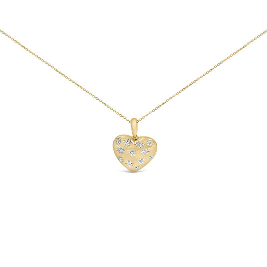 Front close-up of gold vermeil 1/10 cttw diamond heart pendant necklace showing scattered round diamonds on white background