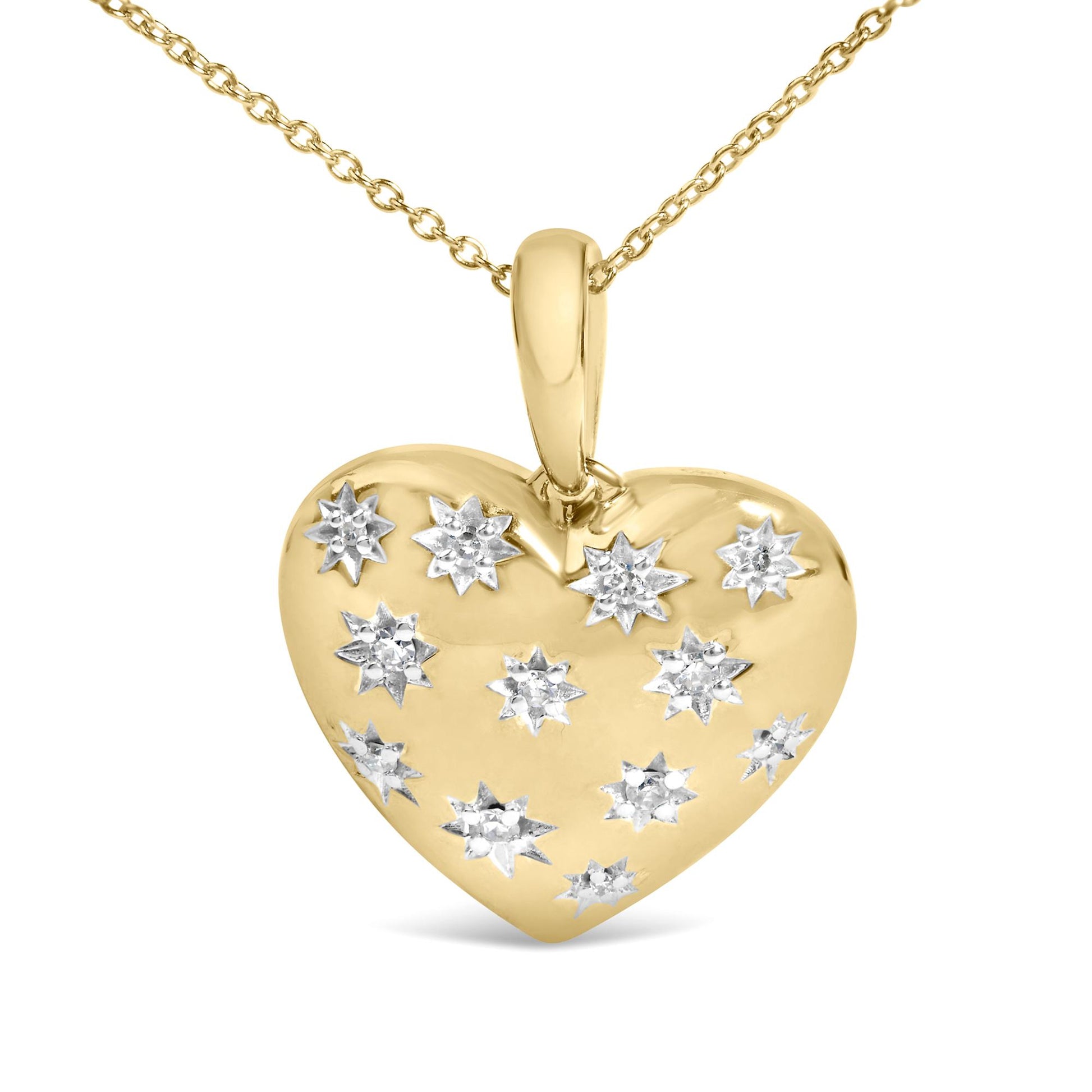 Close-up front view of a yellow necklace with a heart-shaped pendant featuring white gemstone accents in star-shaped prong settings, shown on a white background.