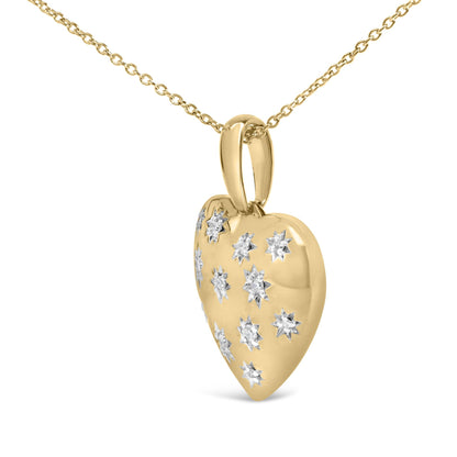 Close-up front angle of a yellow metal heart-shaped necklace pendant adorned with multiple star-shaped clusters of white gemstones, shown on a white background.