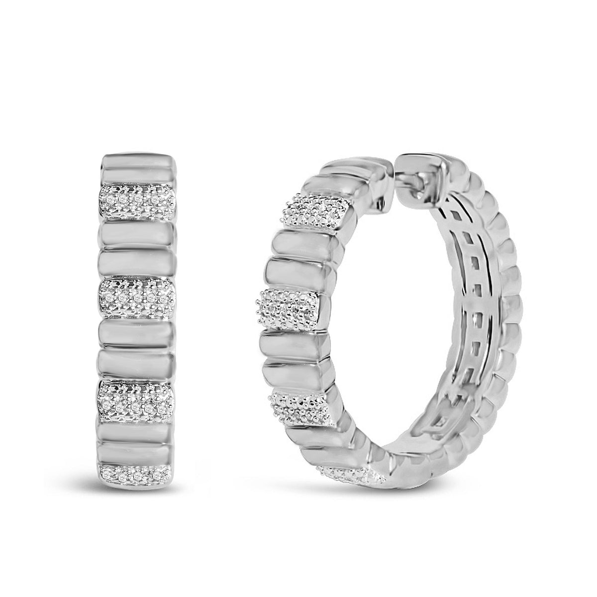 Sterling Silver Round Diamond Accent Ribbed Hoop Earrings
