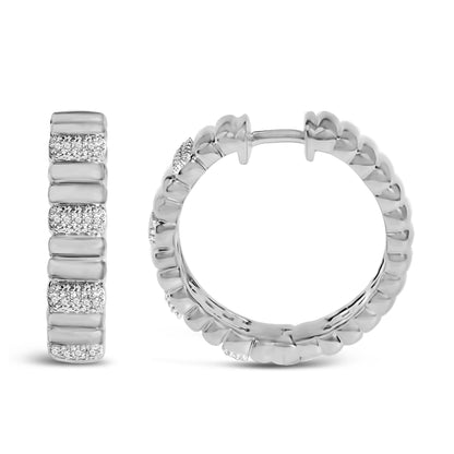 Sterling Silver Round Diamond Accent Ribbed Hoop Earrings