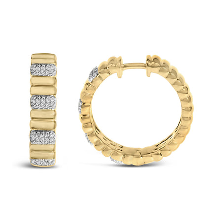 Front and side views of gold vermeil hoop earrings (1/10 cttw diamonds) showing ribbed gold sections and pavé diamond panels on white background