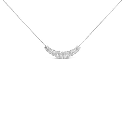 Close-up front view of a white metal necklace with an arc-shaped pendant featuring alternating sections of polished metal and white gemstones in a pave setting, shown against a white background.