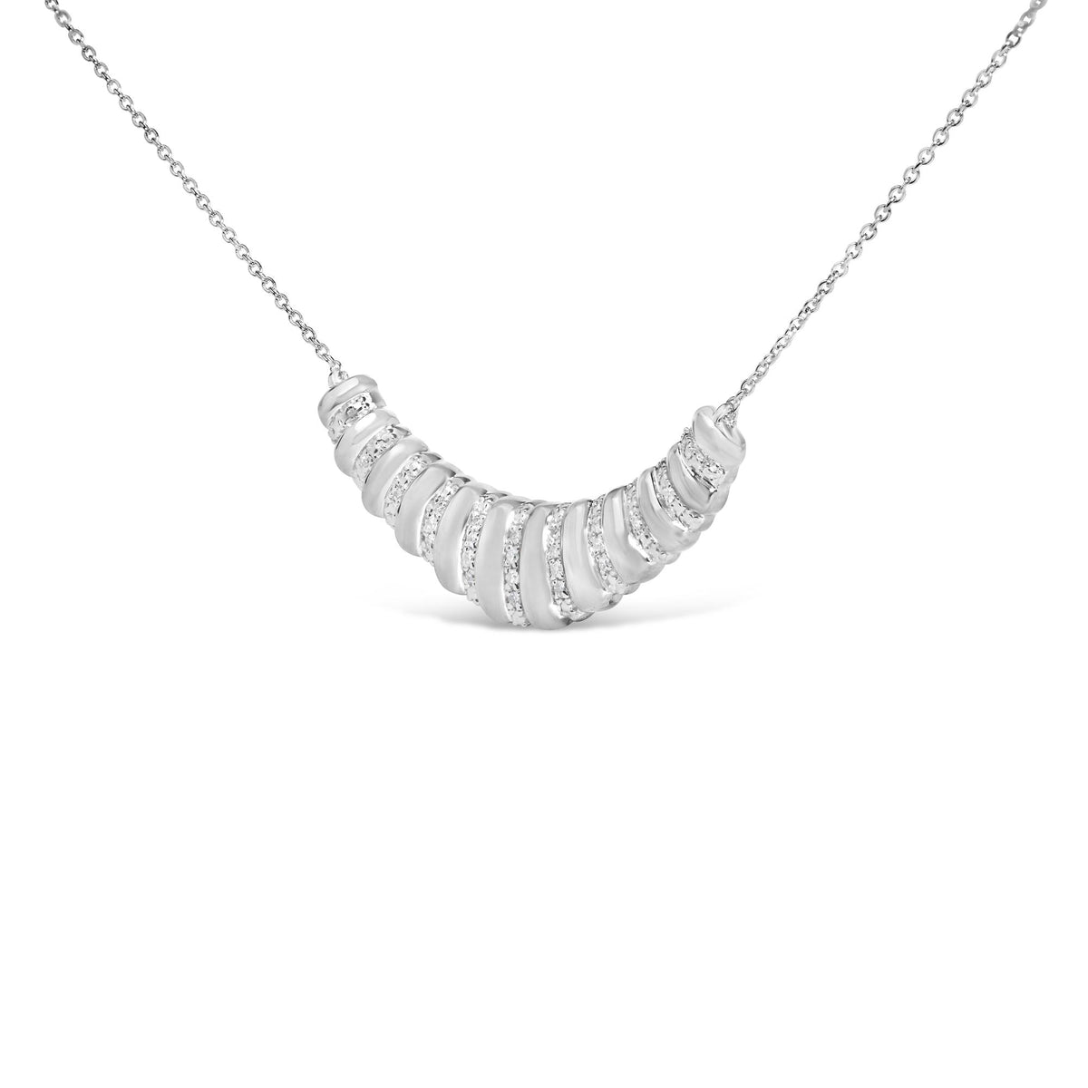 Close-up front view of a white necklace with a curved segmented pendant featuring white gemstones in pave settings, shown on a white background.
