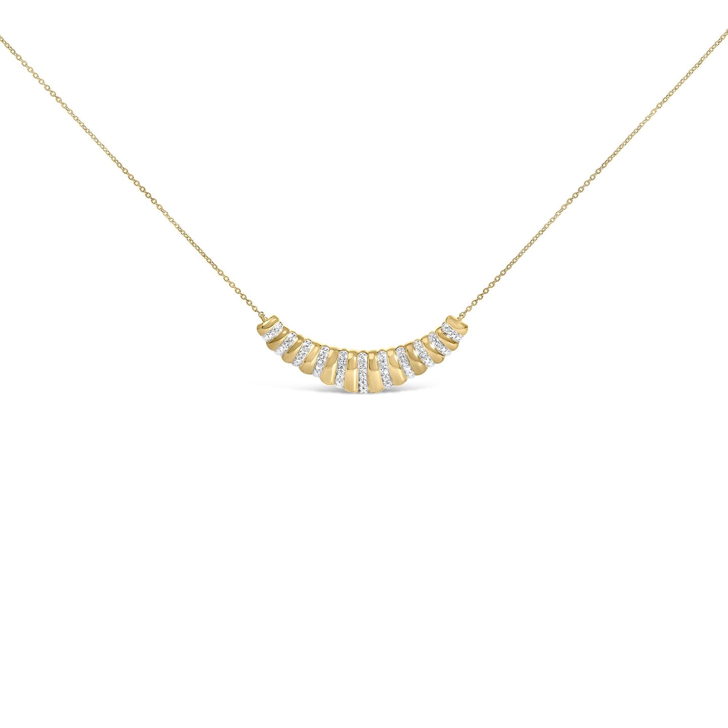 Front close-up of Gold vermeil 1/10 cttw diamond bold ribbed pendant necklace showcasing curved ribbed bar with alternating smooth and pave-set diamonds on white background