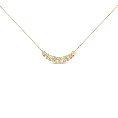Front close-up of Gold vermeil 1/10 cttw diamond bold ribbed pendant necklace showcasing curved ribbed bar with alternating smooth and pave-set diamonds on white background