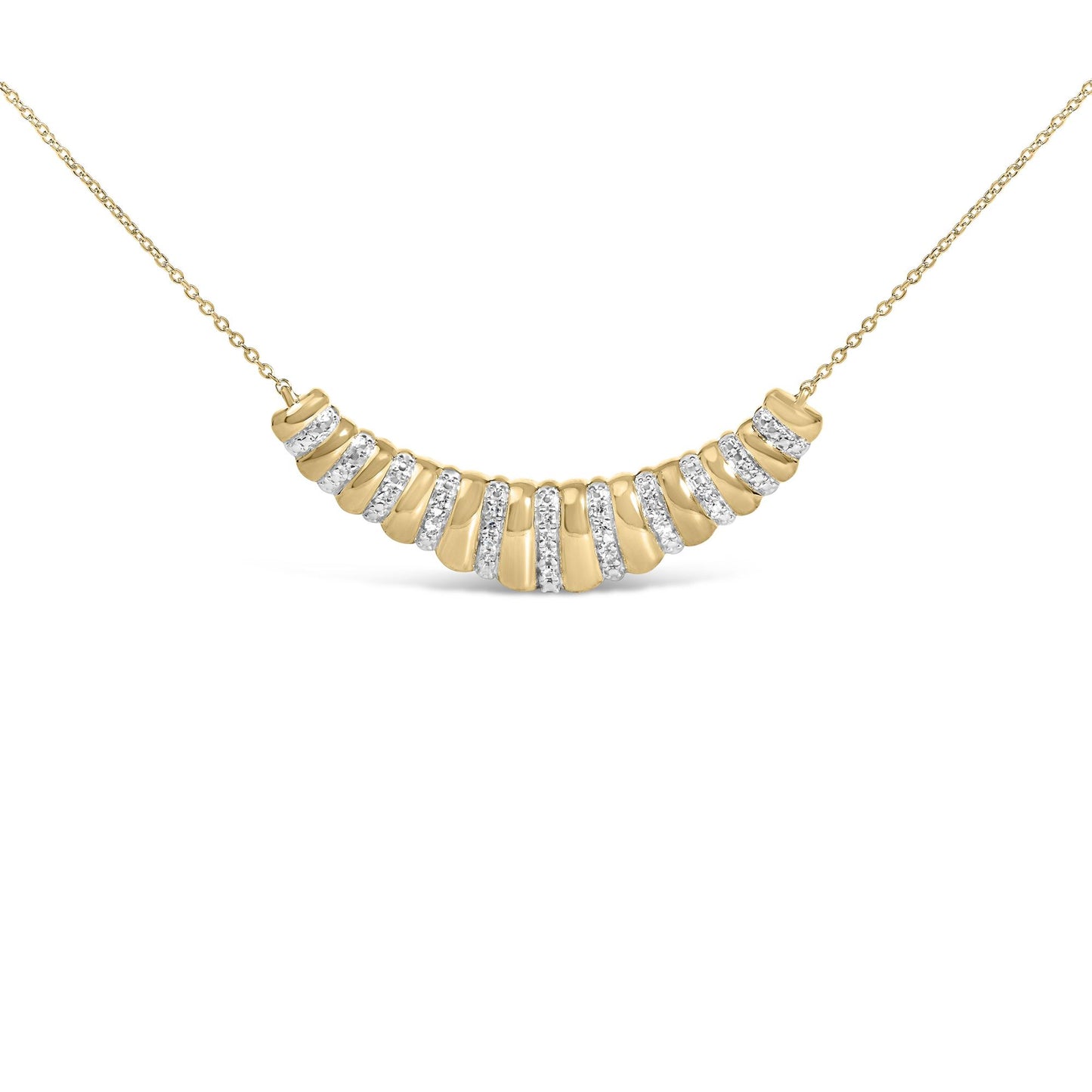 Close-up front angle of a yellow necklace with a chain and a curved pendant featuring alternating smooth sections and sections paved with white gemstones.