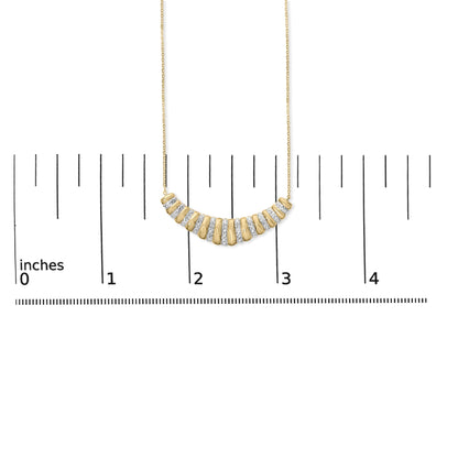 Front view of gold vermeil pendant necklace with curved ribbed bar and alternating diamond pave and polished segments on ruler scale