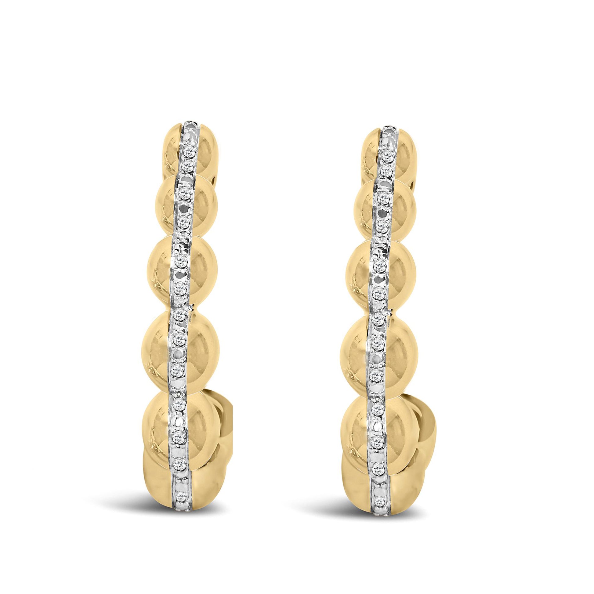 Pair of yellow metal earrings shown from front angle, each featuring a vertical row of white round gemstones in a pave setting.