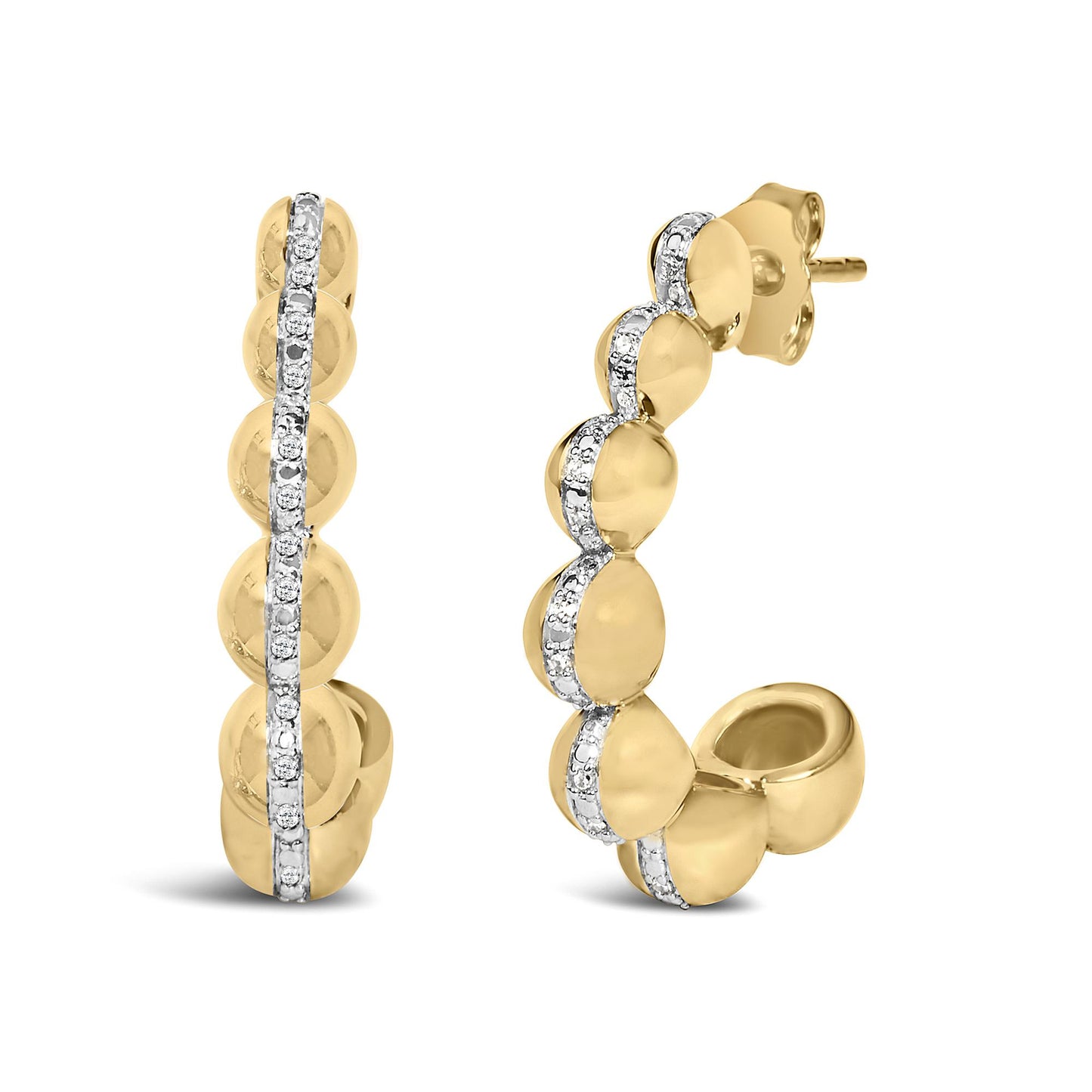 Close-up front and side view of yellow metal earrings featuring a row of white gemstones in a pave setting along the center.