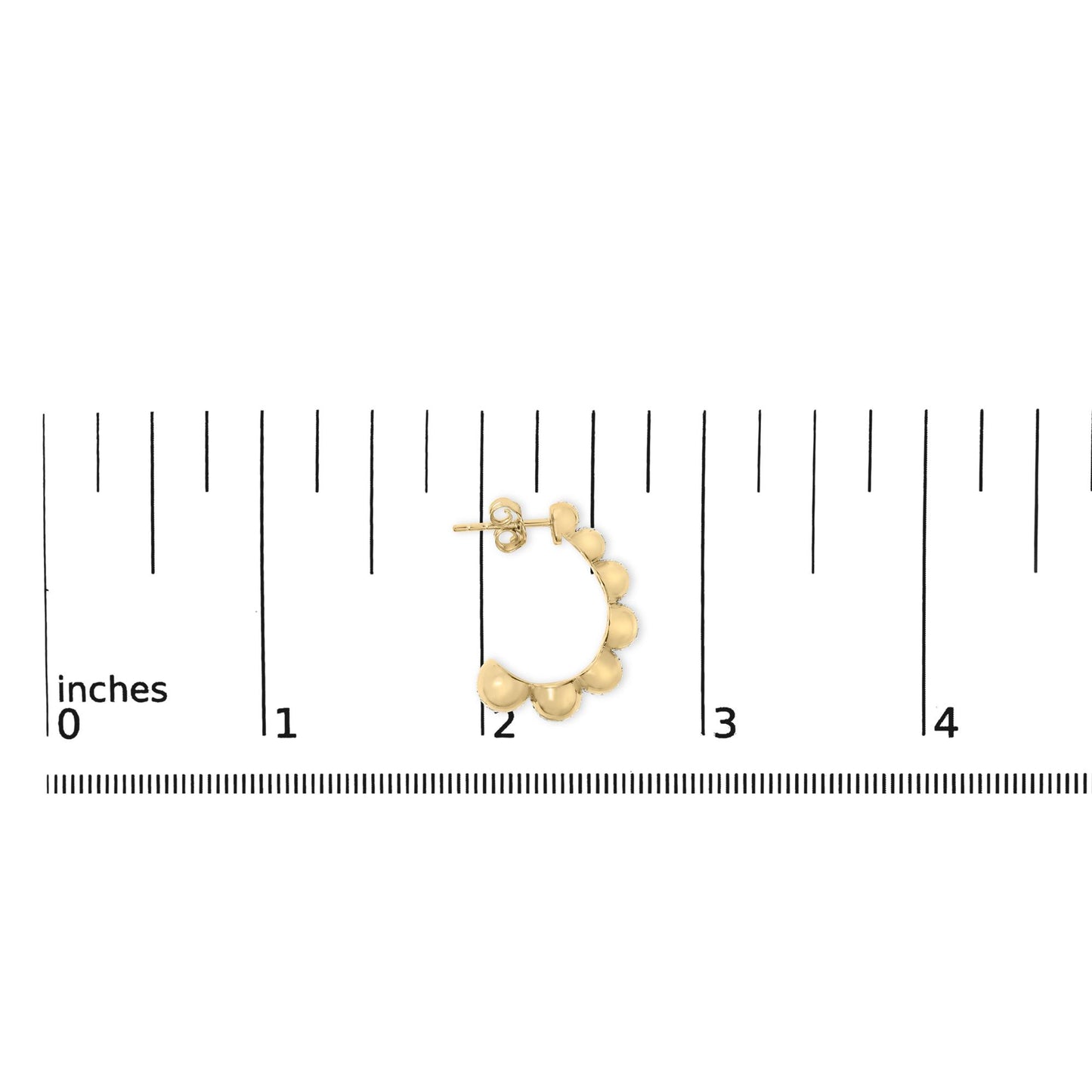 Yellow metal half-hoop earrings with rounded bead shapes along the outer edge, shown on a measurement scale, top-down angle.