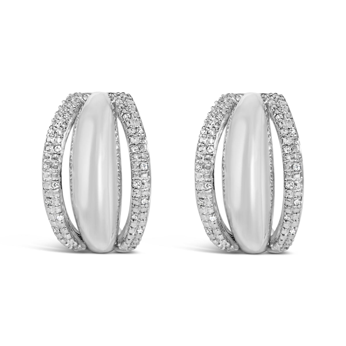 Close-up front view of a pair of white metal earrings with an elongated central oval shape, bordered by two curved rows of small white gemstones set in a pave setting.