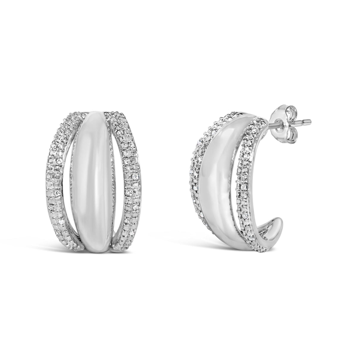 Close-up of a pair of white earrings shown on a white background, featuring a curved central section flanked by two rows of small round white gemstones in a pave setting, viewed from a front and side angle.