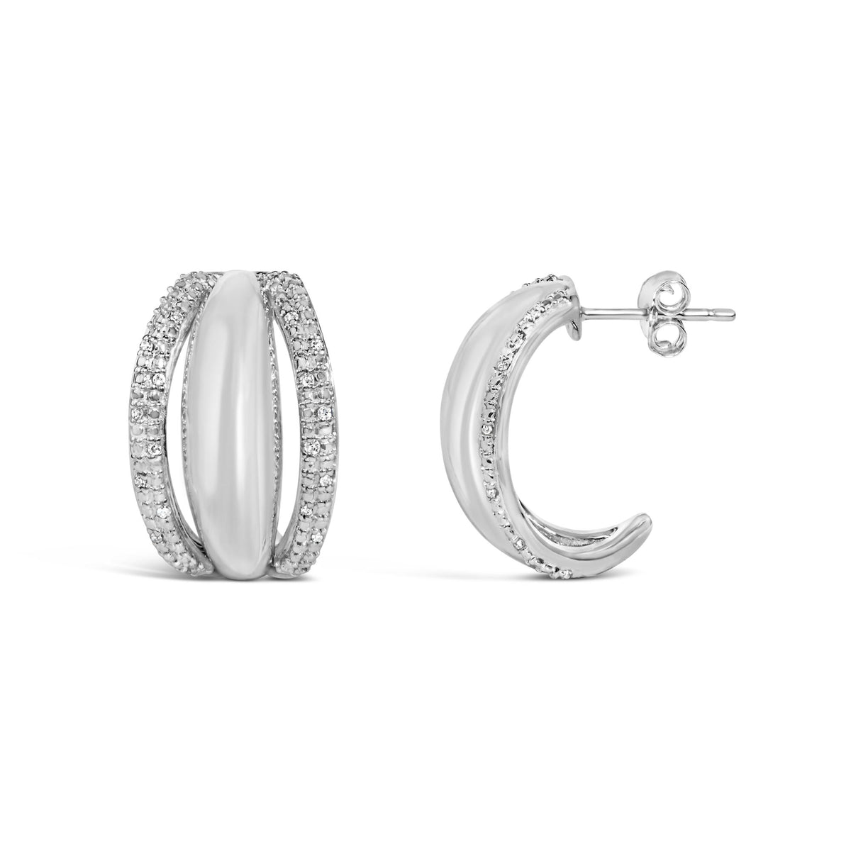 Close-up front and side view of a pair of white metal half hoop earrings shown on a white background, each earring featuring a central smooth curve bordered by rows of small round white gemstones in a pave setting.