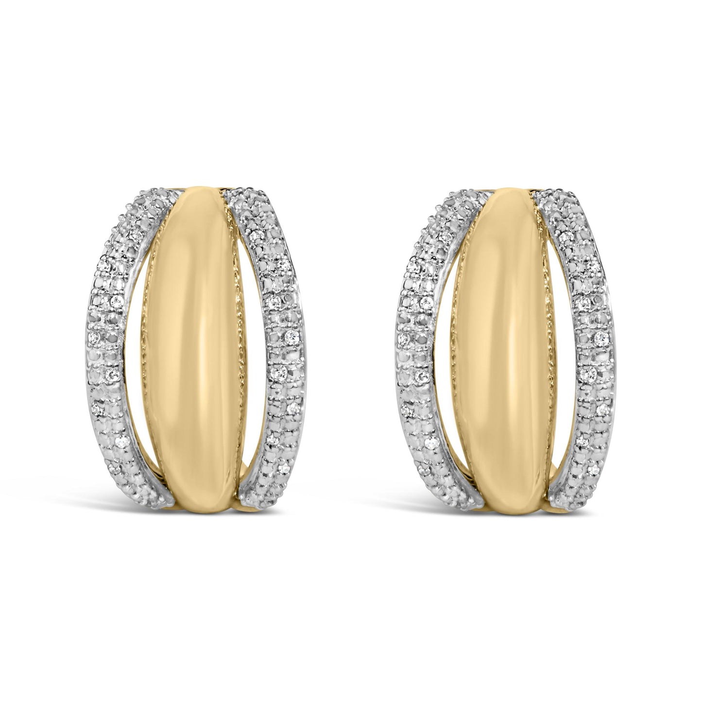 Front view of gold vermeil 1/10 cttw diamond half-hoop earrings showing smooth central oval and pave-set diamond edges