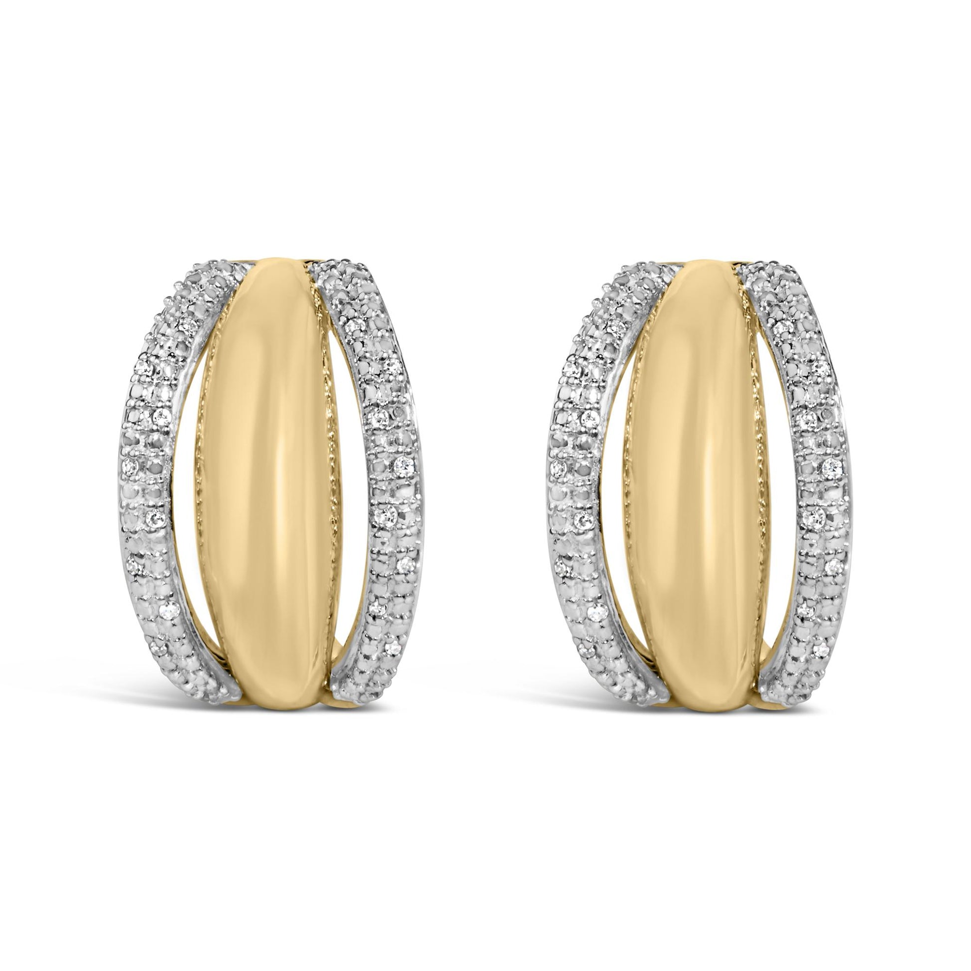 Front view of gold vermeil 1/10 cttw diamond half-hoop earrings showing smooth central oval and pave-set diamond edges