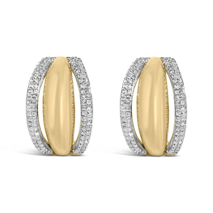 Front view of gold vermeil 1/10 cttw diamond half-hoop earrings showing smooth central oval and pave-set diamond edges