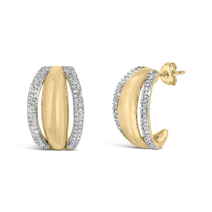 Front and side views of gold vermeil half hoop earrings with 1/10 cttw diamonds, smooth central bar and pave-set edges on white