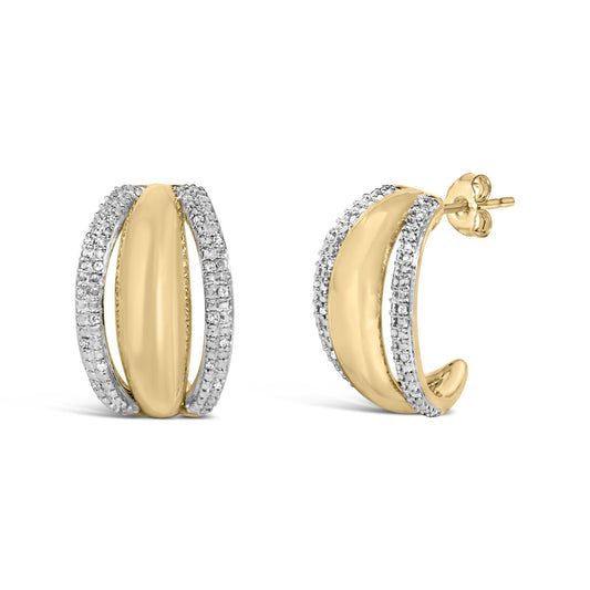 Front and side views of gold vermeil half hoop earrings with 1/10 cttw diamonds, smooth central bar and pave-set edges on white