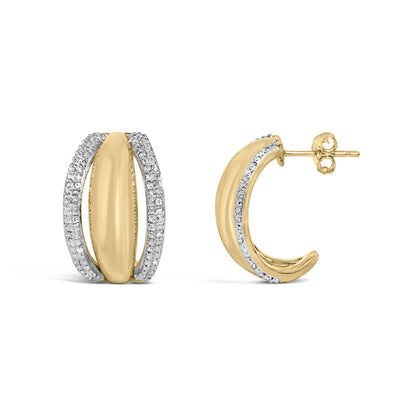 Close-up front and side view of yellow metal hoop earrings featuring curved sections with white gemstone pave accents along the edges, shown on a white background.