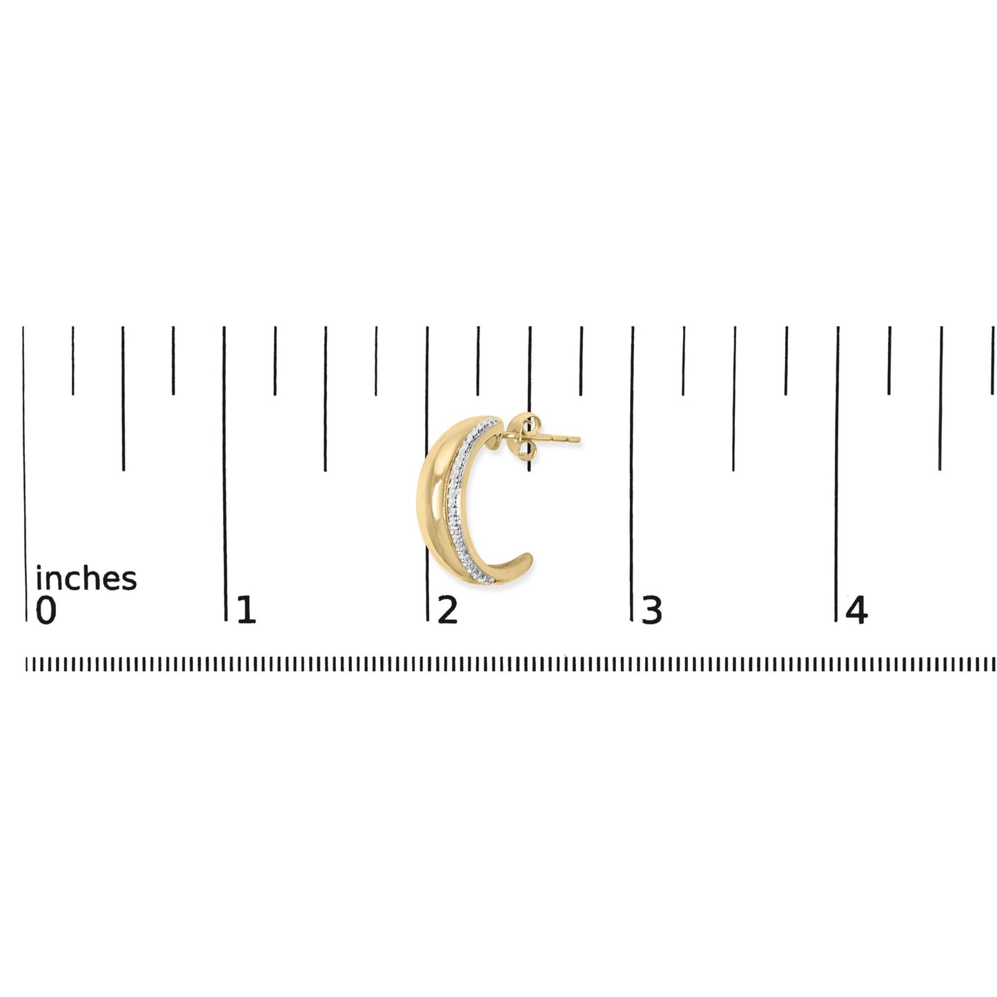 Close-up front angle image of a single yellow hoop earring with a row of white gemstones in a pave setting, shown on a ruler scale.