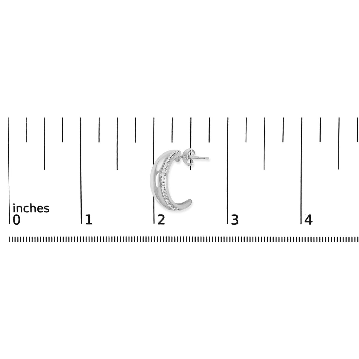 Close-up front angle of a single white metal half-hoop earring with a row of small white gemstones in a pave setting, shown on a measurement scale.
