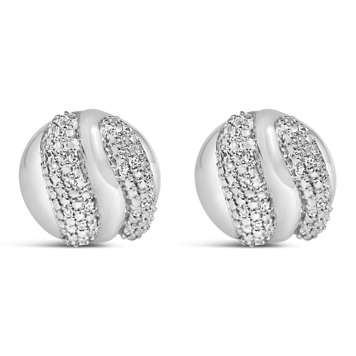 Close-up front angle of a pair of white metal round stud earrings with prong-set white gemstones arranged in clusters.