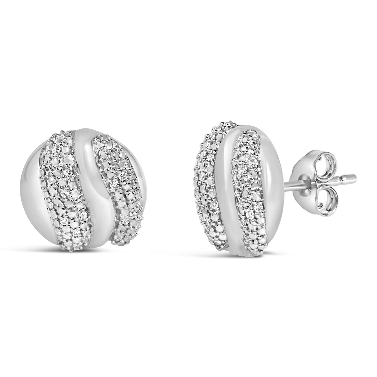 Close-up front and side angle of white metal stud earrings with twisted design featuring clusters of small white gemstones in prong settings.