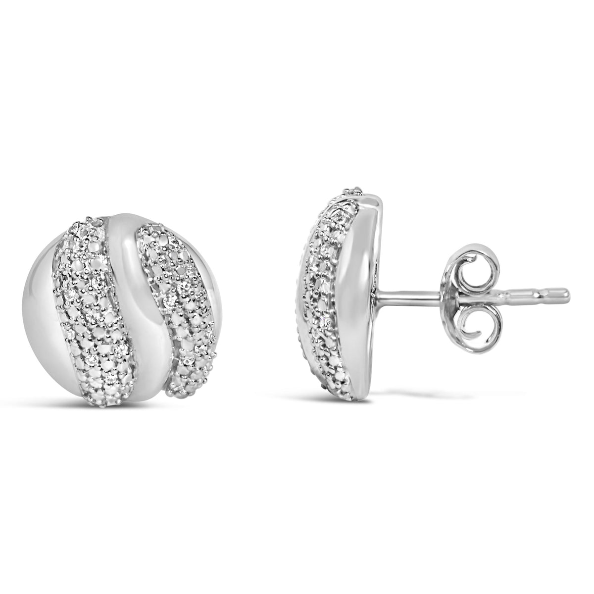 Close-up front and side view of a pair of white metal earrings featuring curved bands set with multiple small round white gemstones in prong settings, shown on a white background.