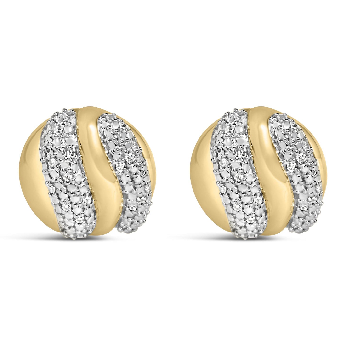 Close-up front angle of a pair of round yellow metal stud earrings showing a curved design accented with multiple small white gemstones in prong settings.