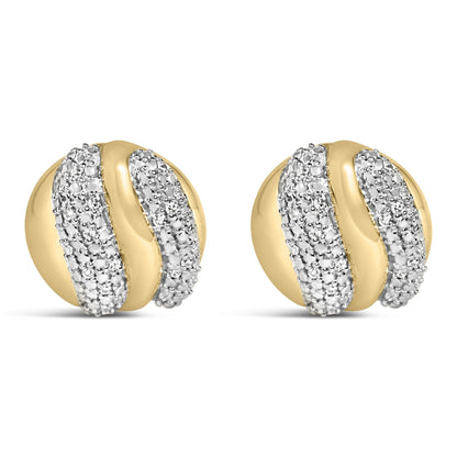 Close-up front angle of a pair of round yellow metal stud earrings showing a curved design accented with multiple small white gemstones in prong settings.