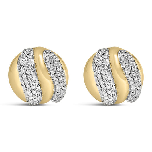 Close-up front angle of a pair of round yellow metal stud earrings showing a curved design accented with multiple small white gemstones in prong settings.