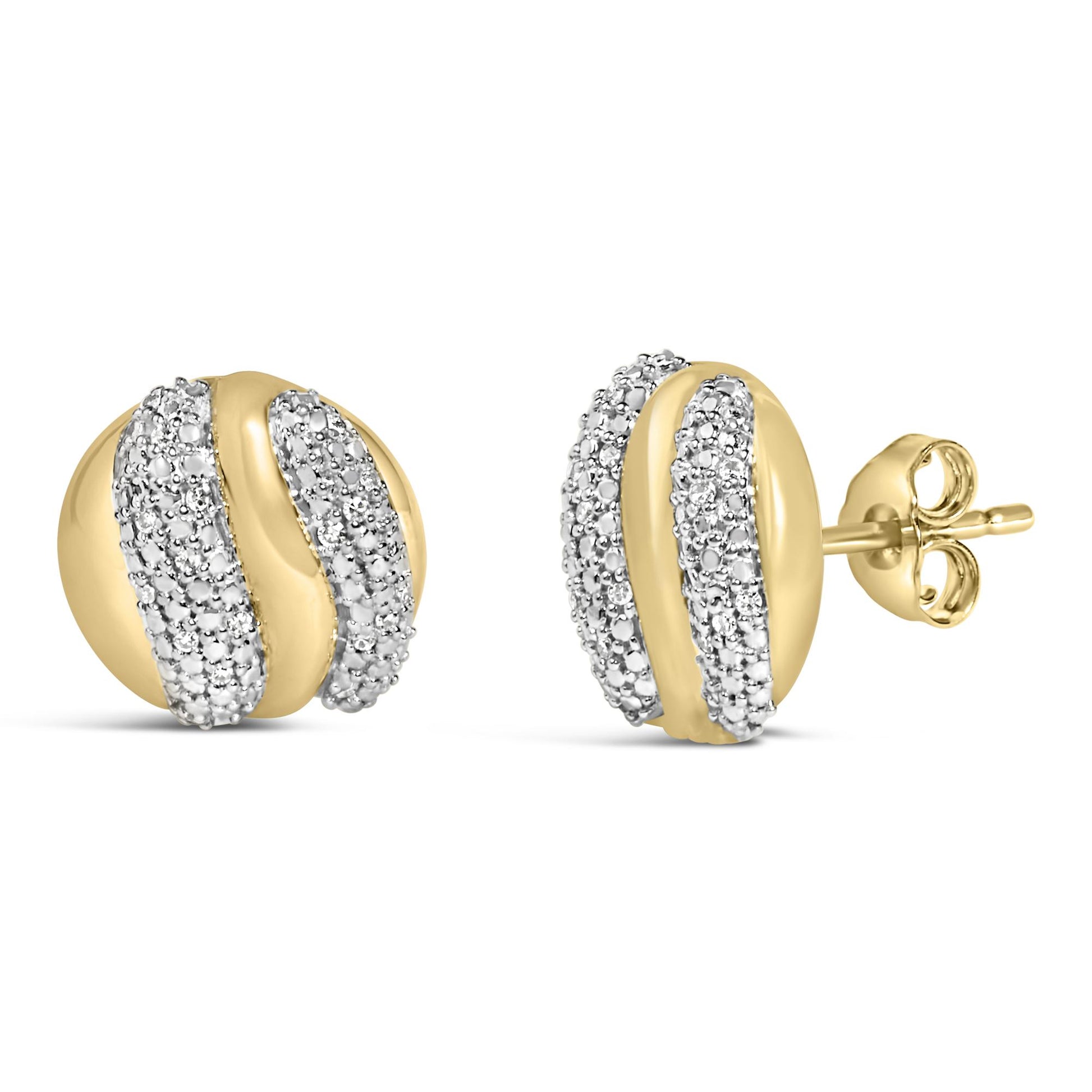 Close-up front angle of yellow metal round earrings with curved stripes of white gemstones in prong setting, shown on a white background.