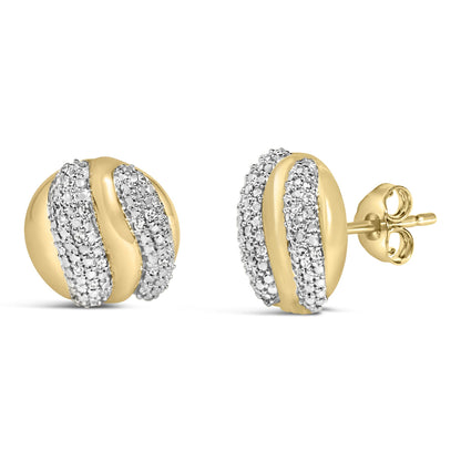 Close-up front angle of yellow metal round earrings with curved stripes of white gemstones in prong setting, shown on a white background.
