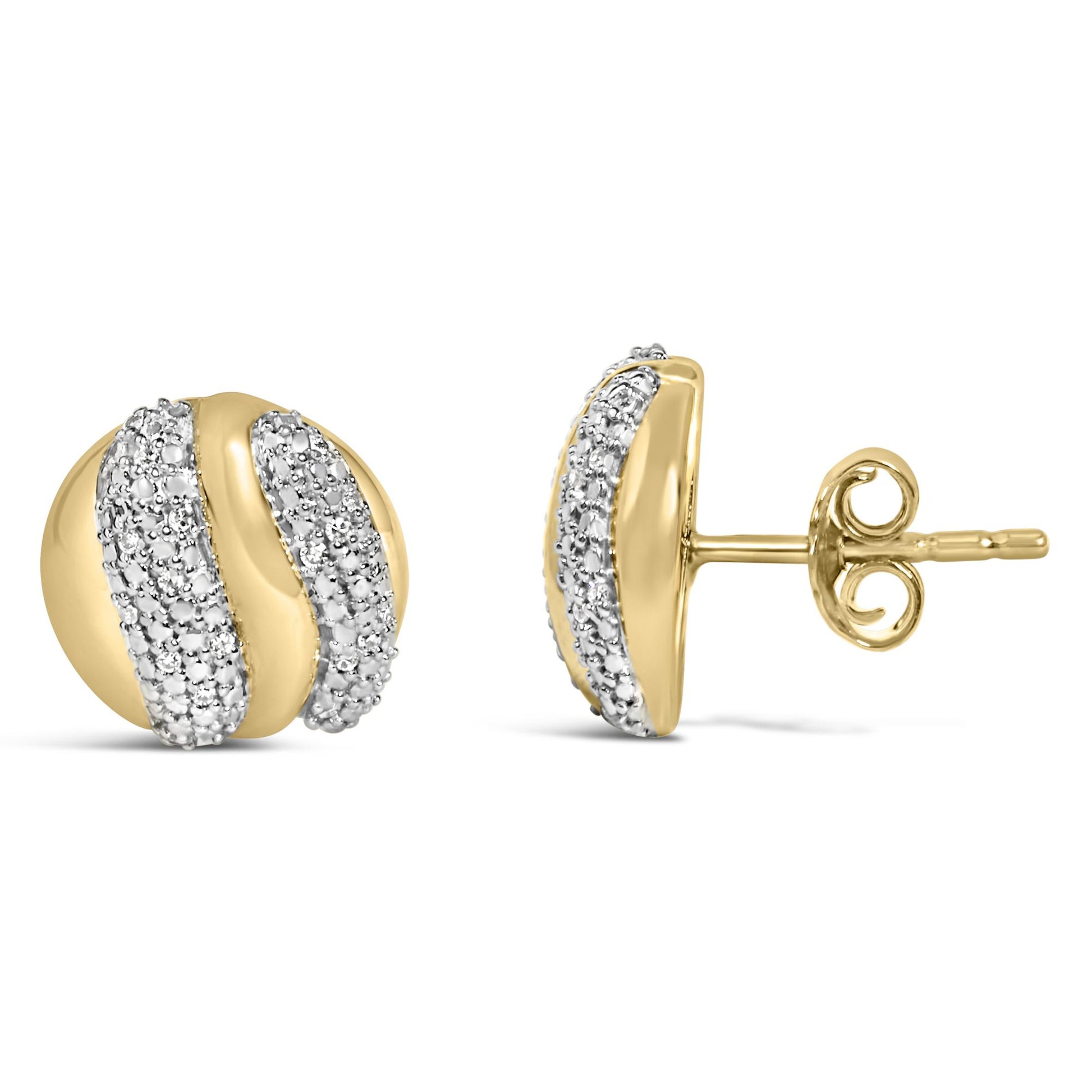 Close-up front and side view of round stud earrings with yellow metal and white gemstones in prong settings along curved bands.