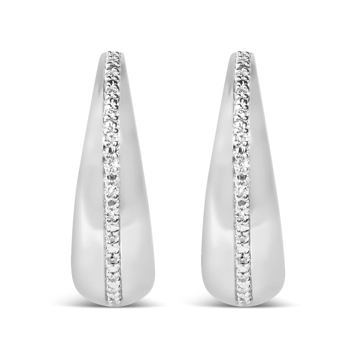 Close-up front view of white metal earrings featuring a vertical row of small round white gemstones in prong settings.