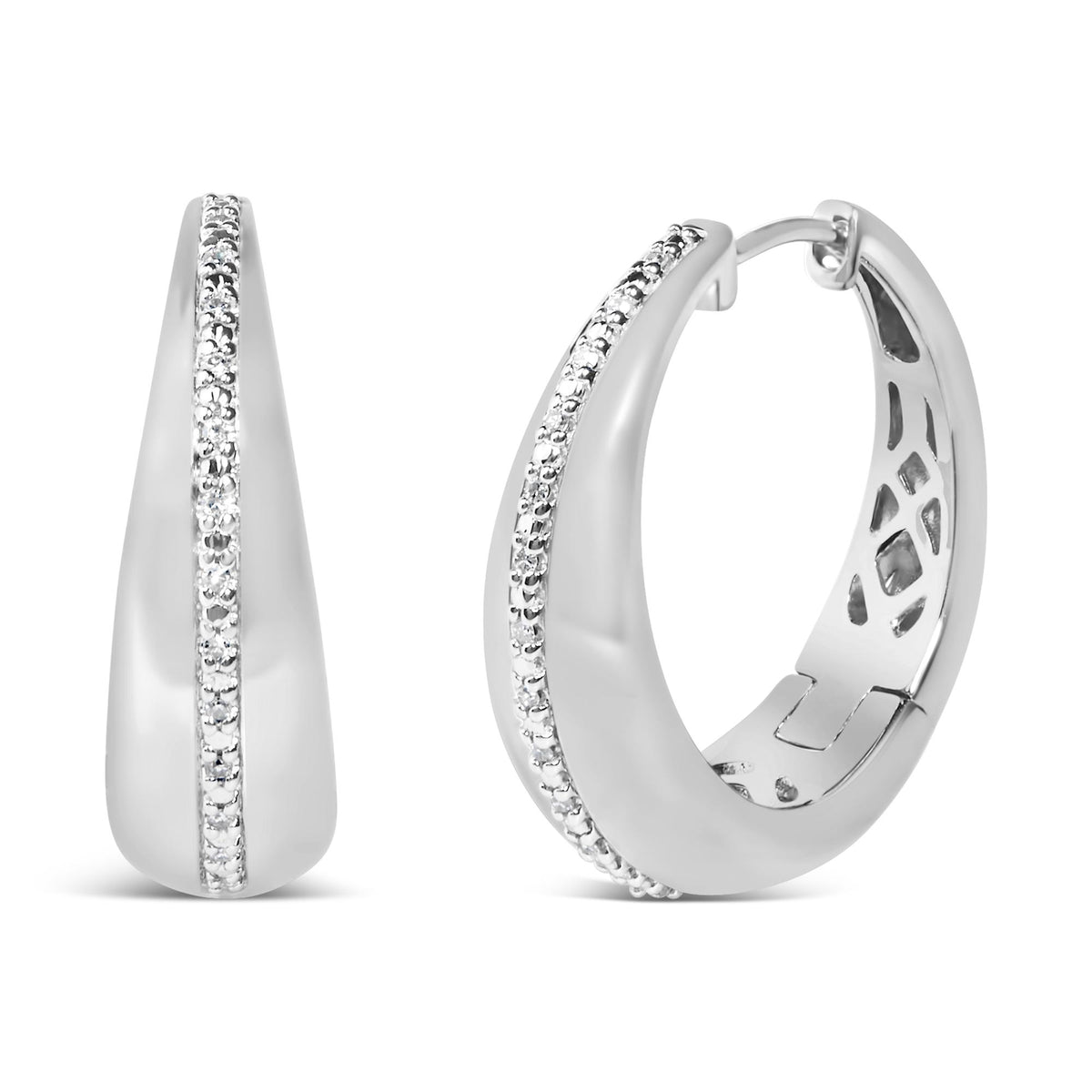 Close-up front and side view of white metal hoop earrings with a single row of round white gemstones in prong setting along the center, shown on a white background.