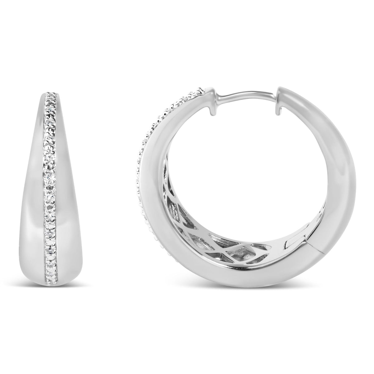 Close-up front and side angle of white metal hoop earrings with a row of small round white gemstones set in prongs along the outer edge, shown against a white background.