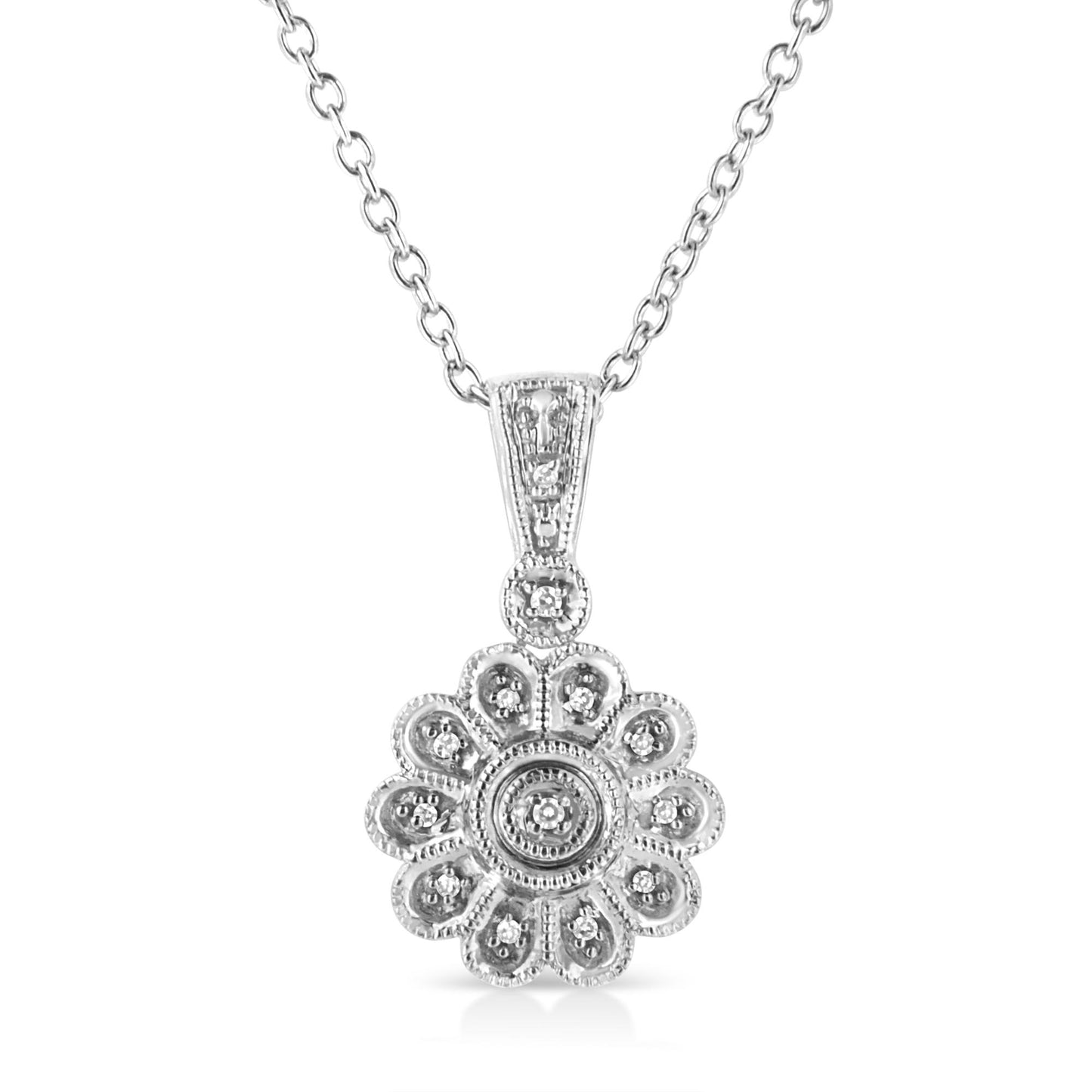 Front view of white metal necklace with flower-shaped pendant featuring round white gemstones in a pave setting.