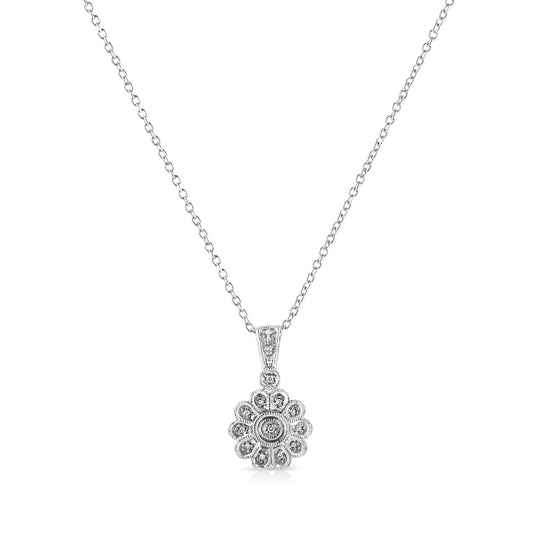 Front view of a white necklace with a flower-shaped pendant featuring round white gemstones in pave setting.