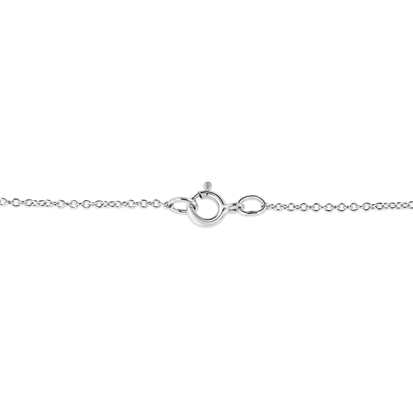 Close-up front view of a white metal necklace chain with a round spring clasp.