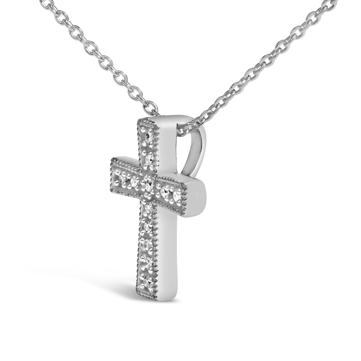 Sterling Silver Round Diamond Accent Milgrain Cross Pendant Necklace