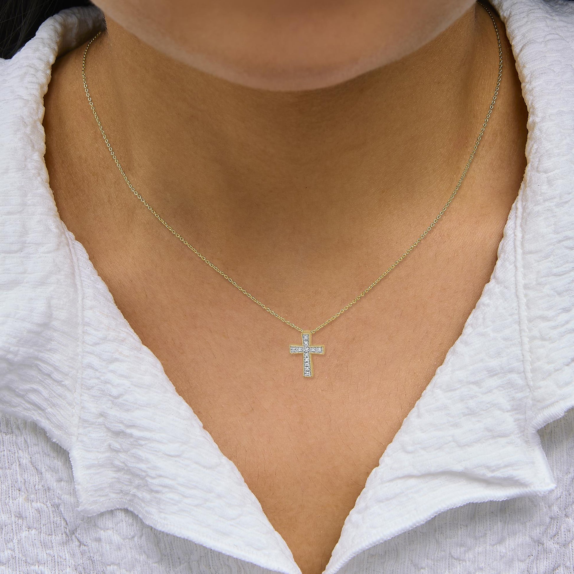 24 KT Gold Vermeil Diamond Accent Cross Pendant Necklace